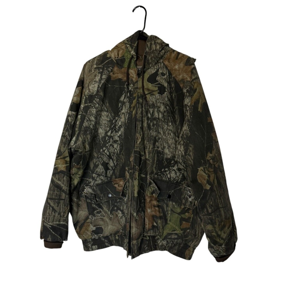 Vintage Jerzees Camo Jacket Mens 2XL Green Brown Hooded Quilted Insulated Y2K